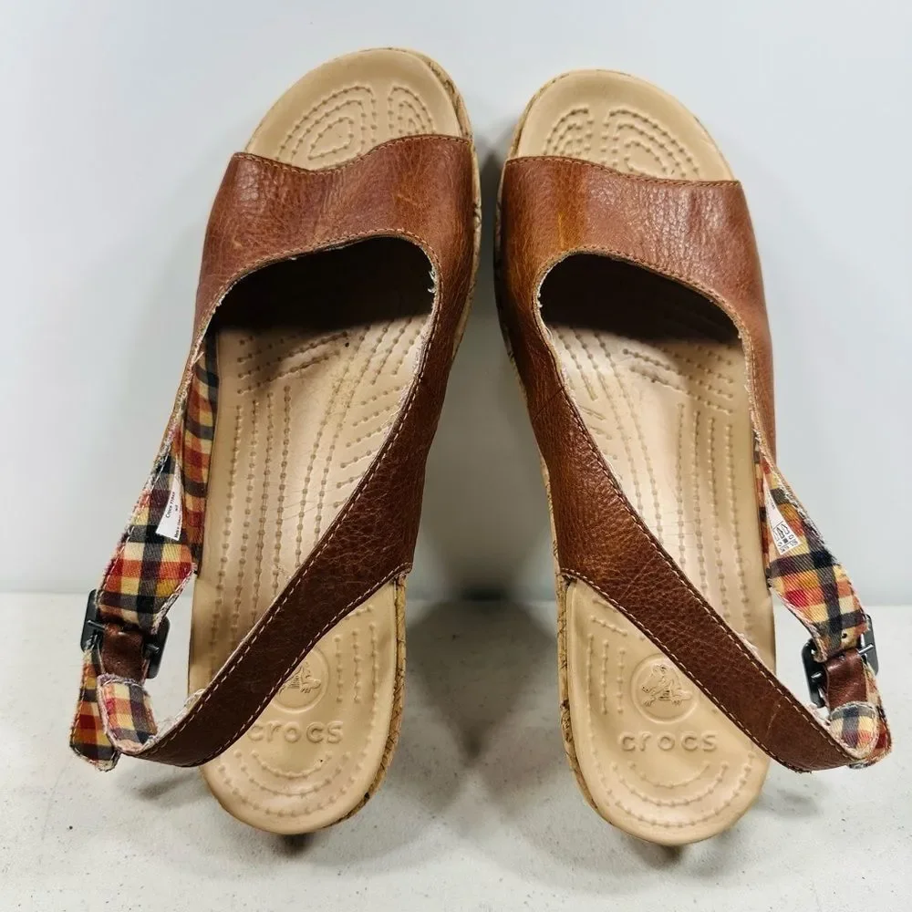 Crocs A-Leigh Brown Leather Slingback Cork Wedge Heels Sandals- Womens Size US 8